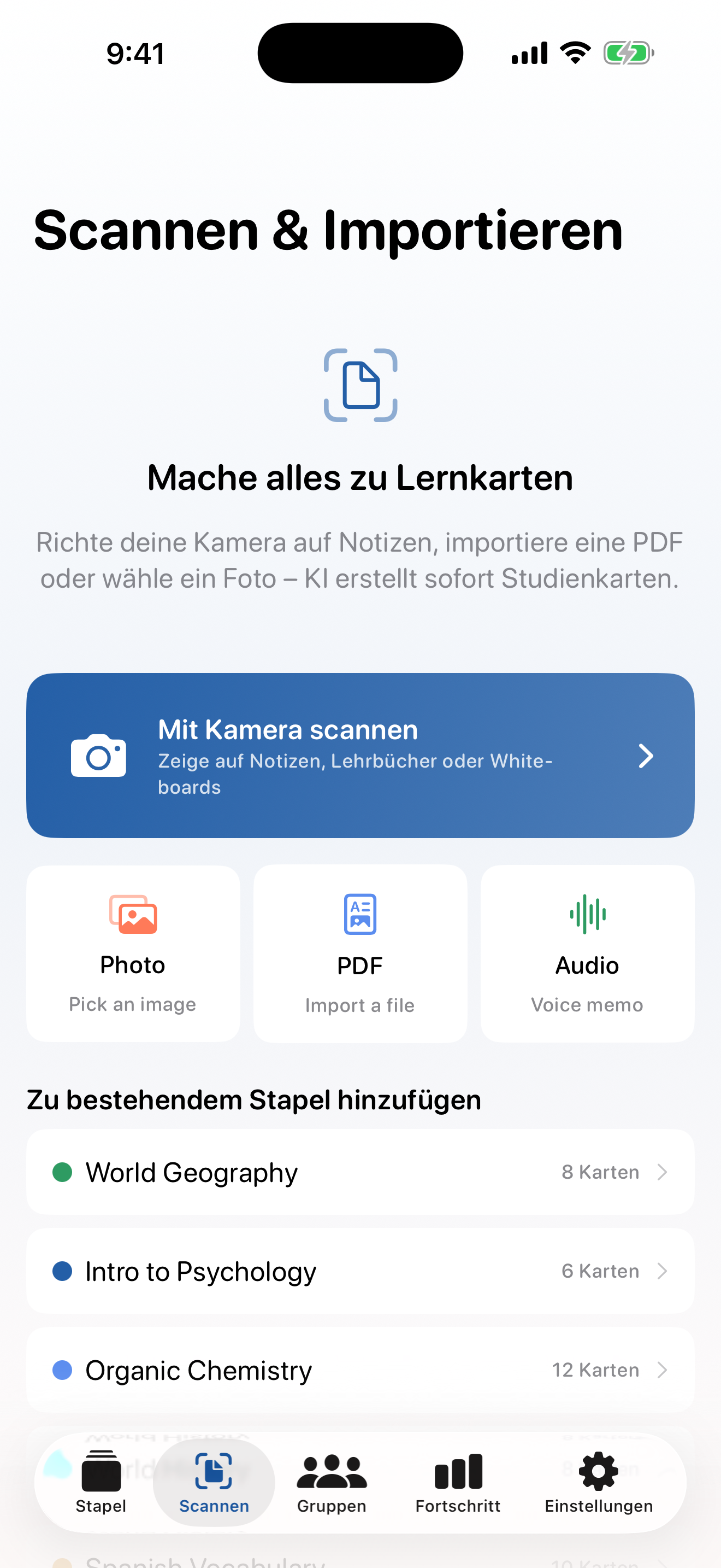 StudyDeck Bildschirm zum Scannen und Importieren
