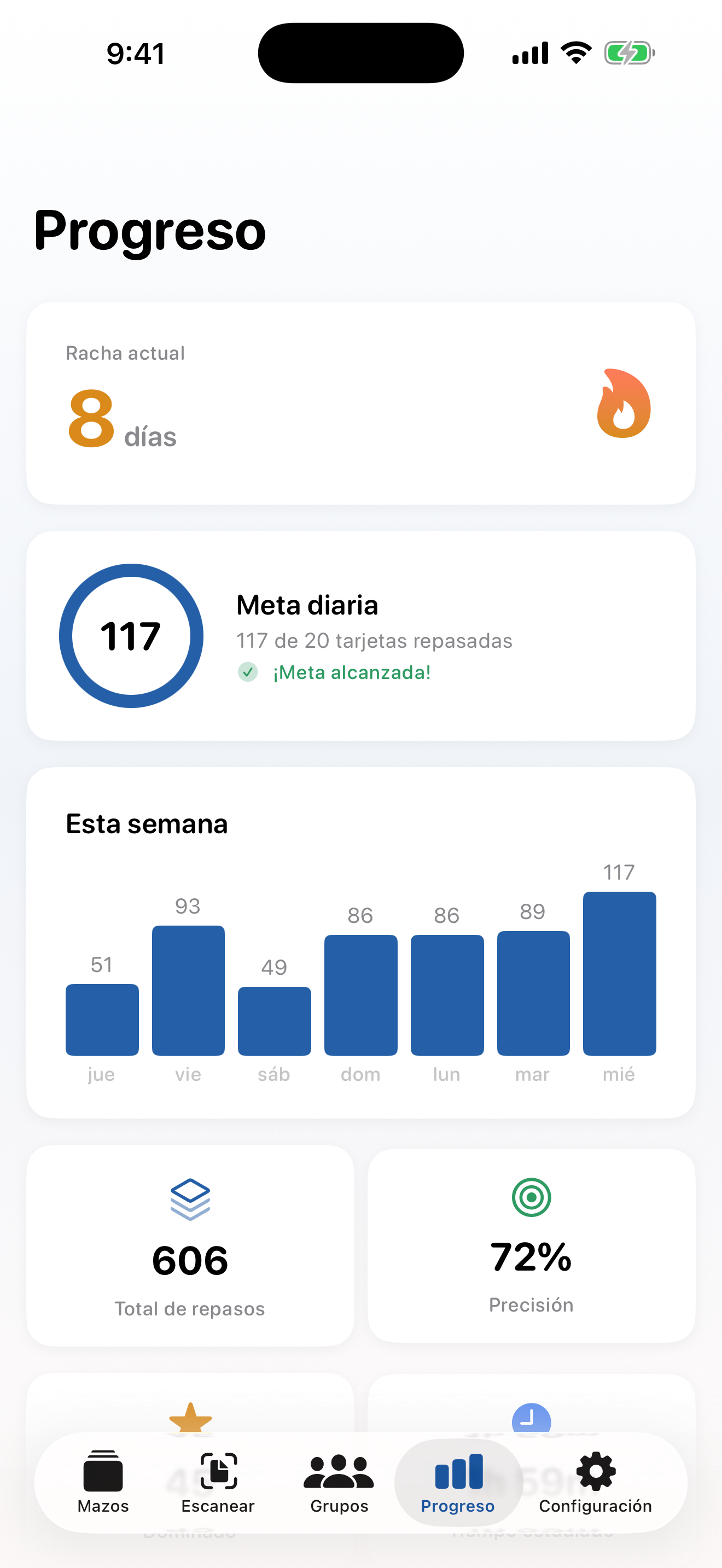 Pantalla de progreso de StudyDeck