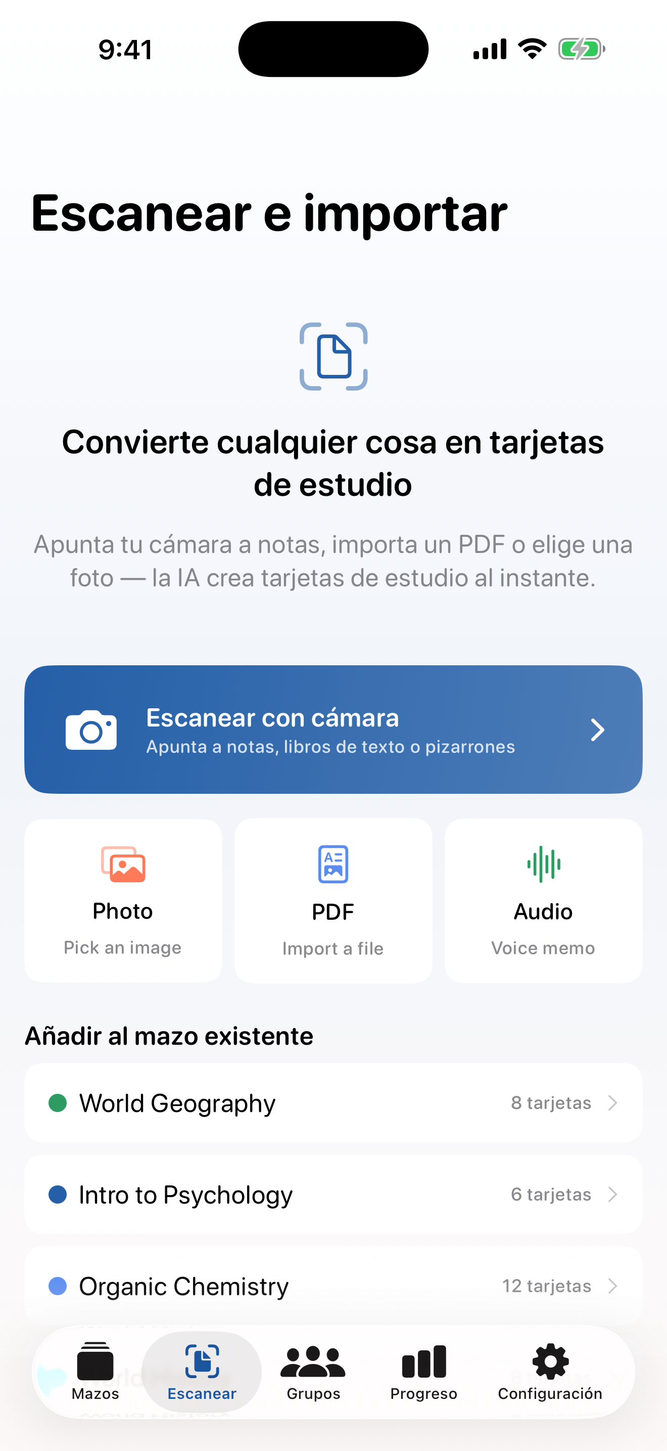 Pantalla de escaneo e importación de StudyDeck