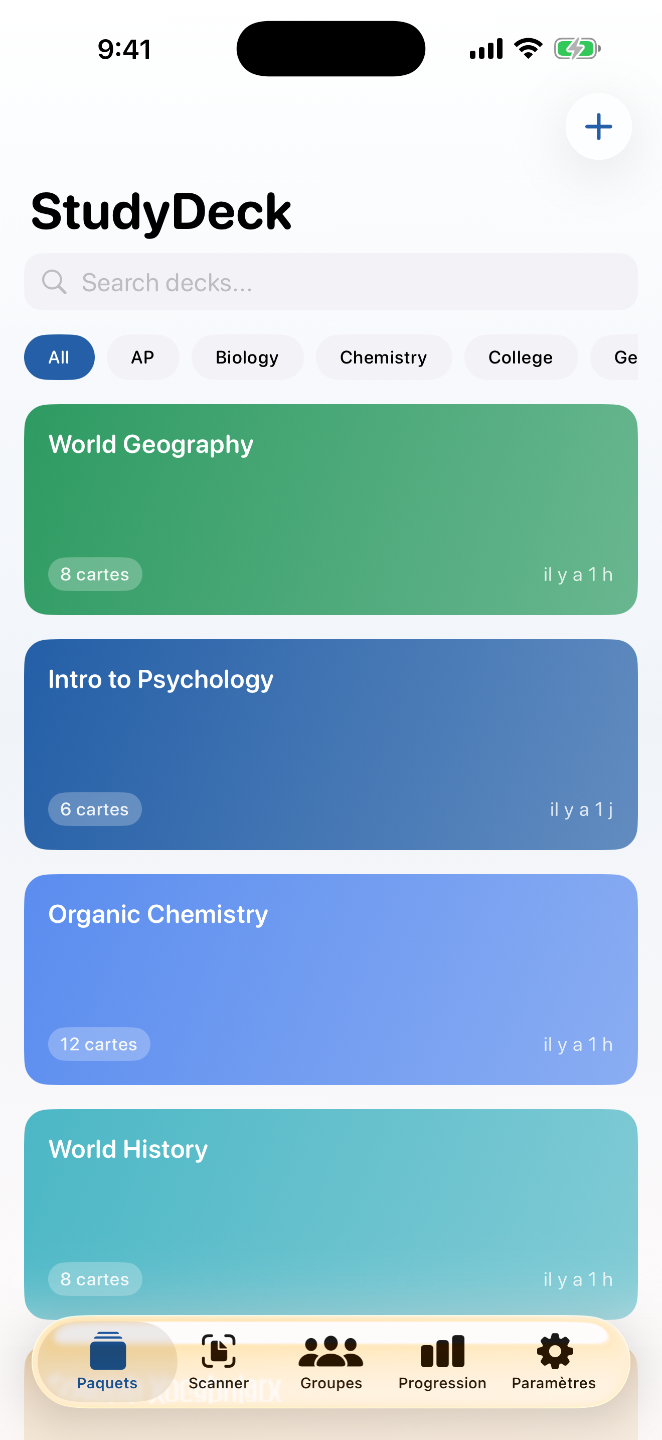 Écran des decks de StudyDeck