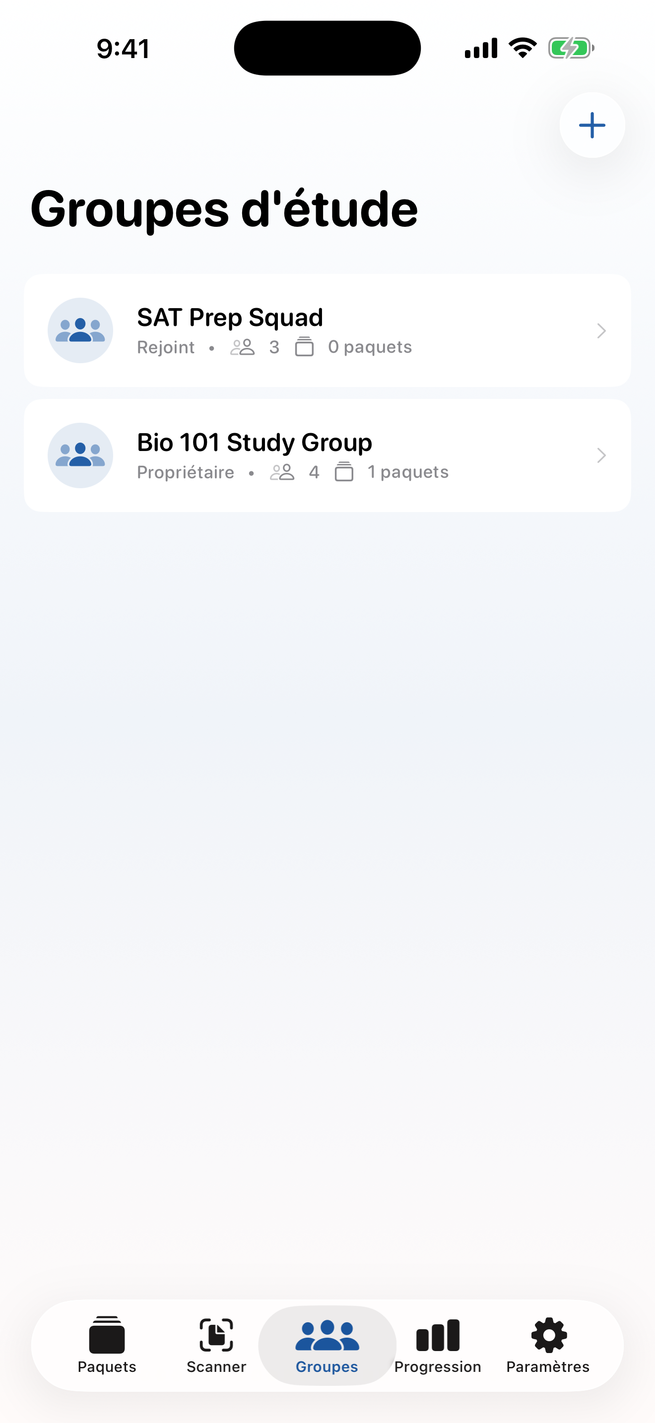 Écran des groupes d’étude de StudyDeck