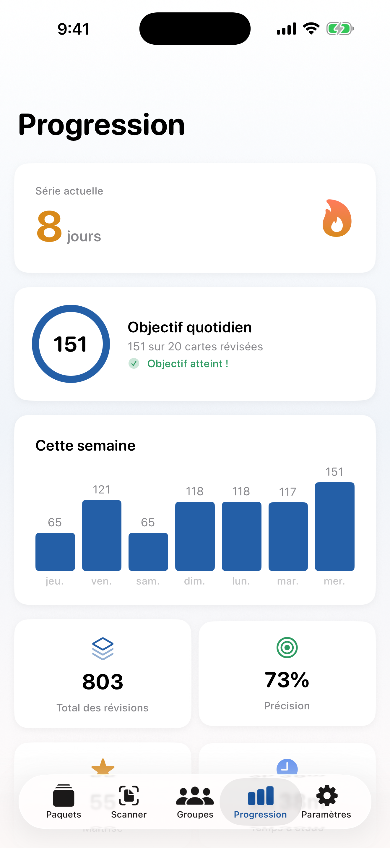 Écran de progression de StudyDeck