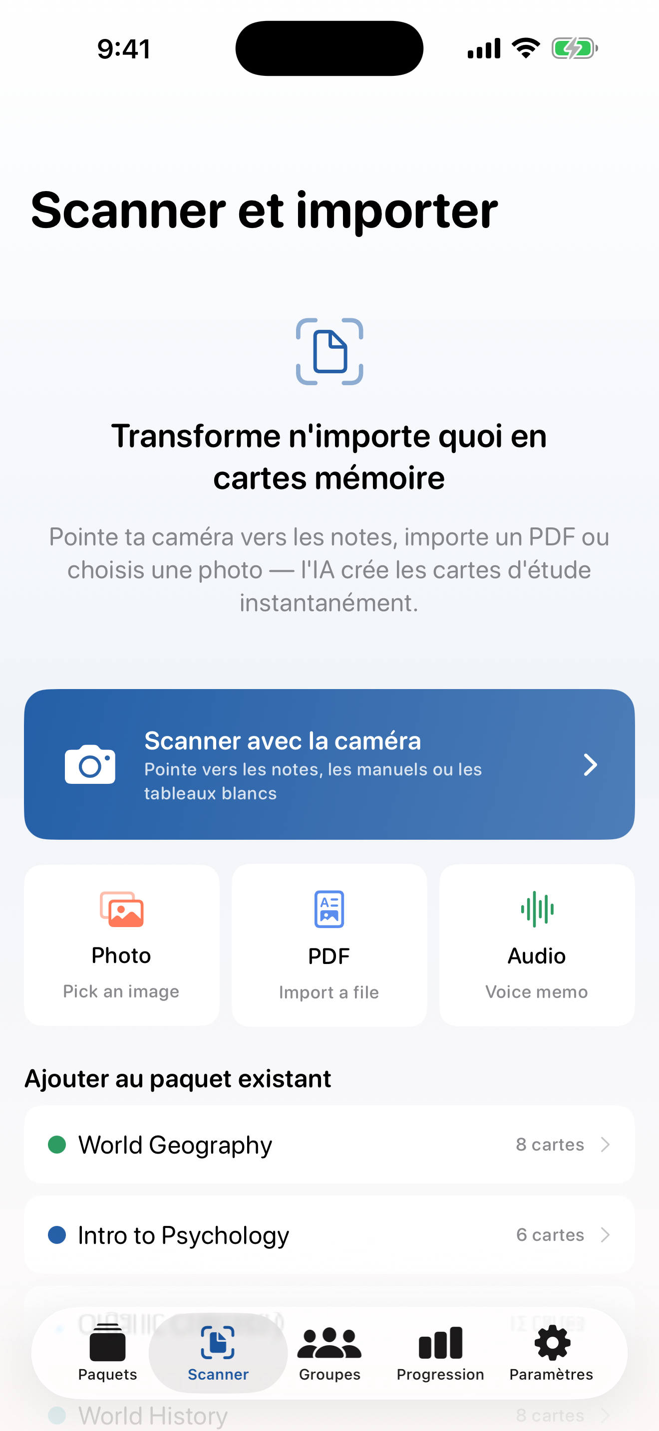 Écran de numérisation et d’importation de StudyDeck