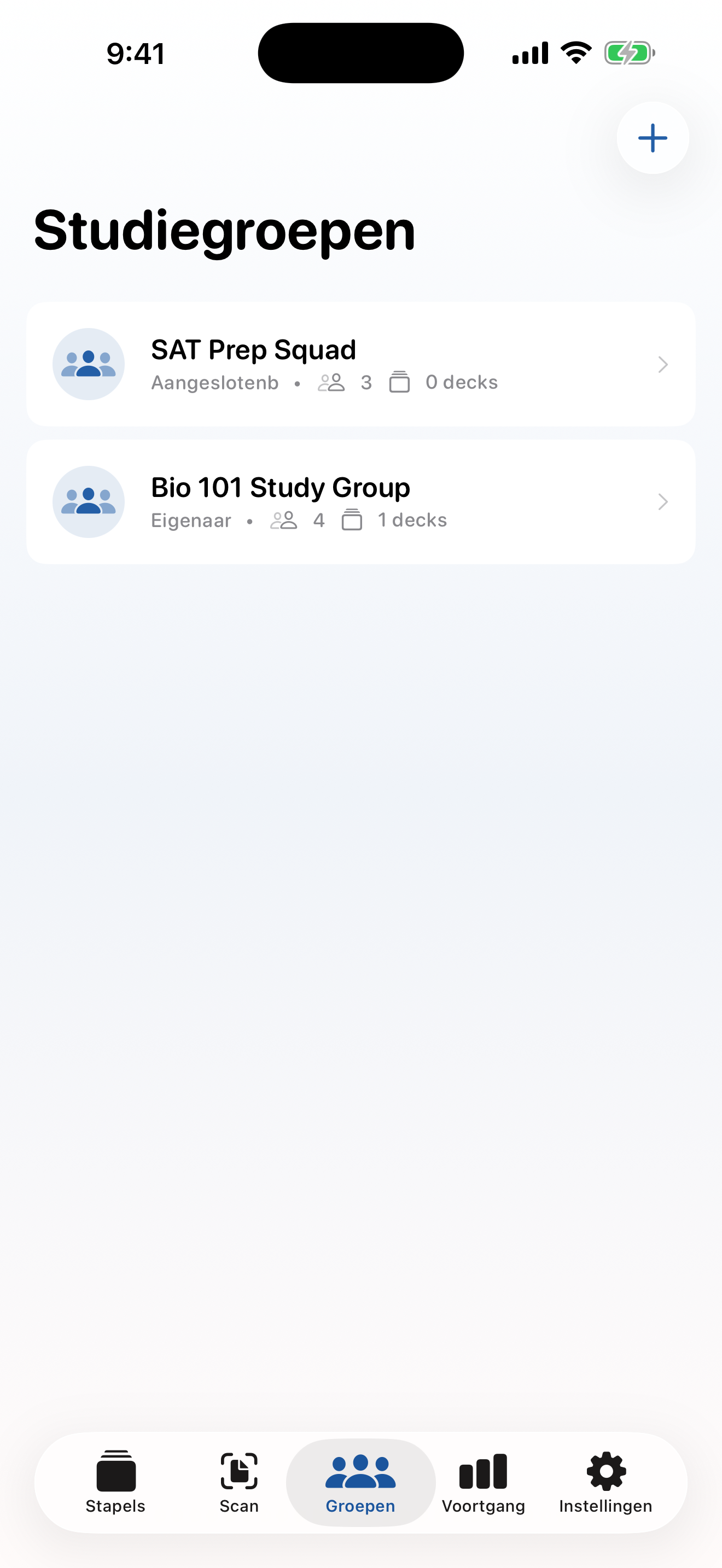 StudyDeck studiegroepenscherm