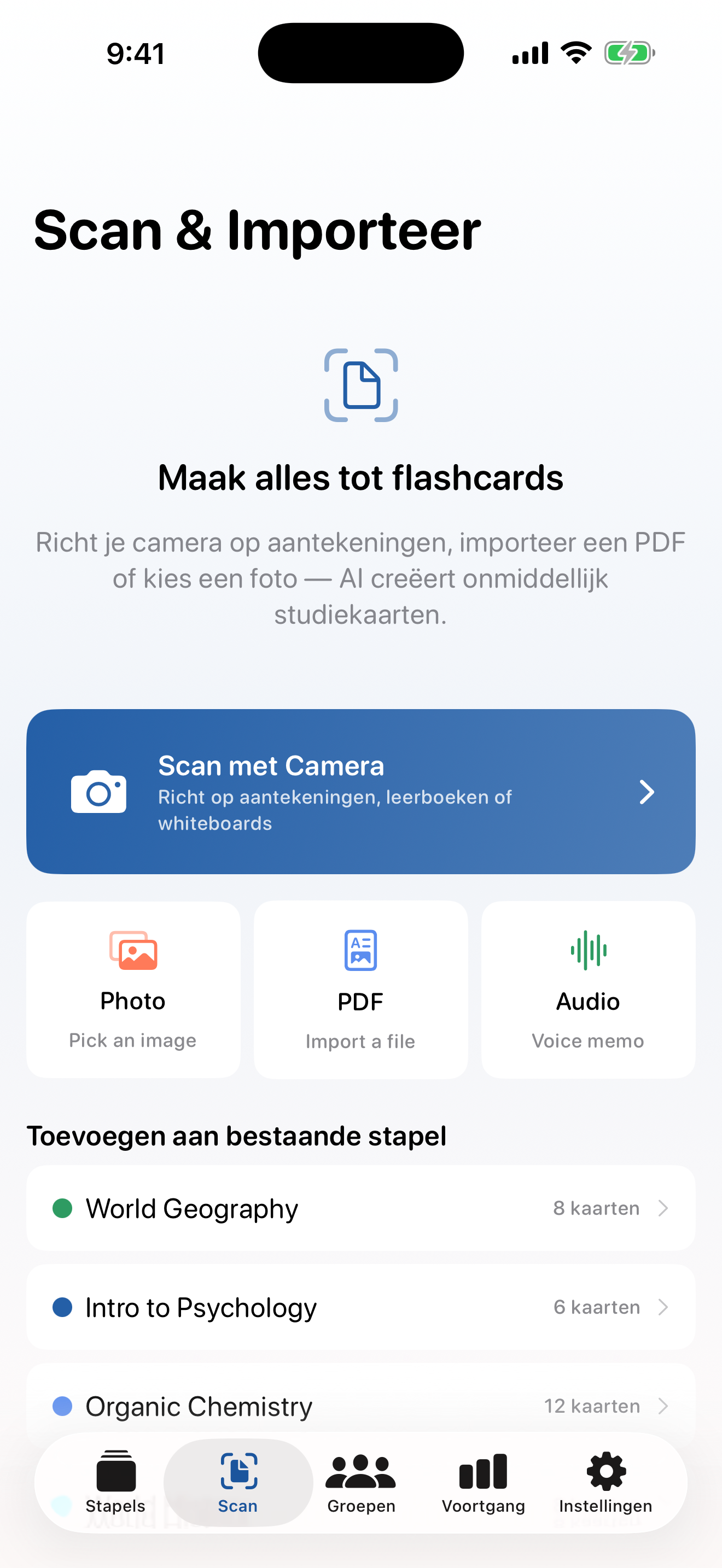 StudyDeck scan- en importscherm