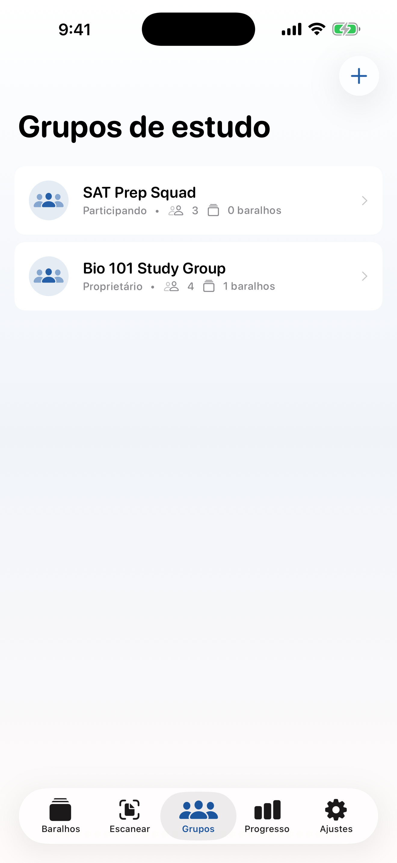 Tela de grupos de estudo do StudyDeck