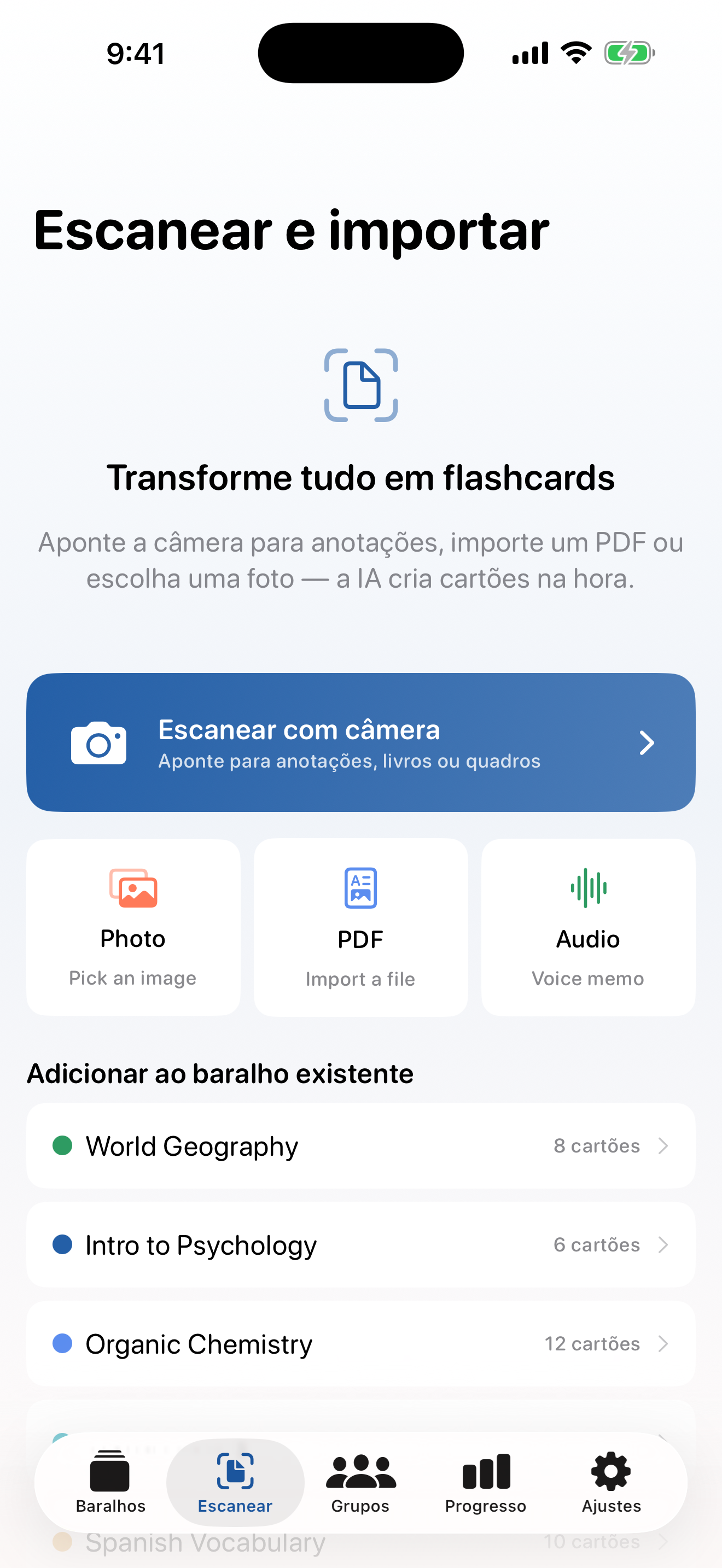 Tela de escanear e importar do StudyDeck